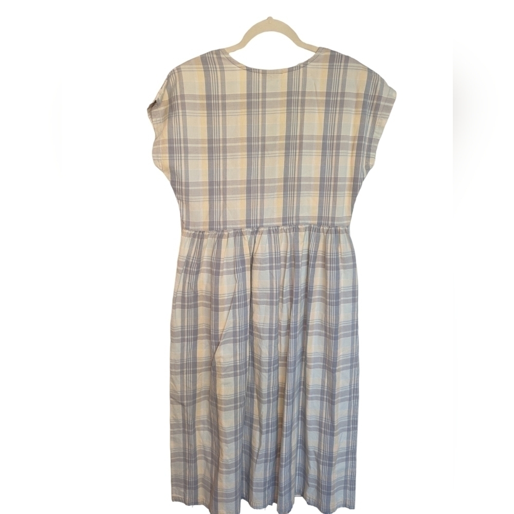 Vintage 90s Prairie Pinafore Cotton Plaid Embroidered Maxi Dress S - Picture 9 of 13